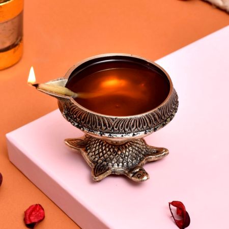Decorative Golden Brass Oil Lamp with Turtle Base