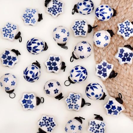 25 Pieces Blue and White Star and Balls Ceramic Christmas Ornaments
