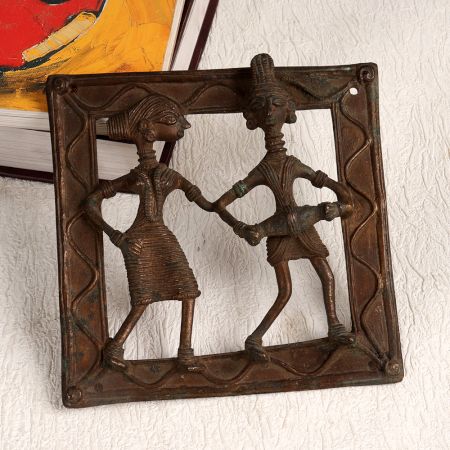 Tribal Art Brass Plate of Man Playing Drum and Woman Dancing