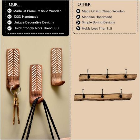 3 Pieces Wooden Self Adhesive Brown Hooks