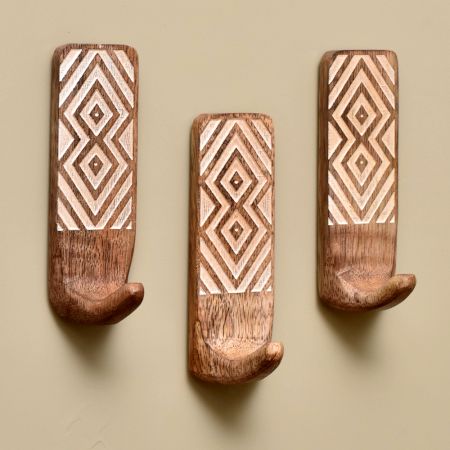 3 Pieces Brown Wooden No Drill Adheshive Wall Hooks