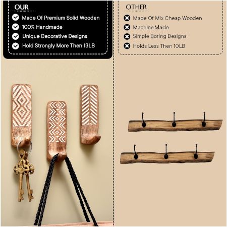 Wooden Brown White Pattern Adhesive Hook - Pack of 3