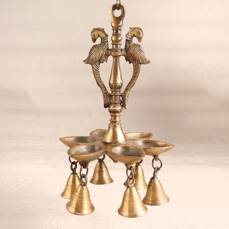 Vintage Brass Peacock Hanging Oil Lamp in Brown Finish