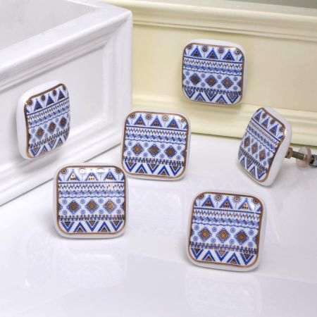 Blue Border Design Square Ceramic Cabinet Knob - Pack of 6