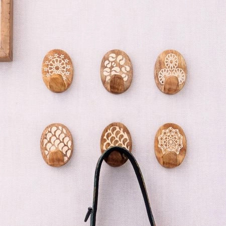 Wooden Brown Floral Sticky Hook for Wall- Pack of 6