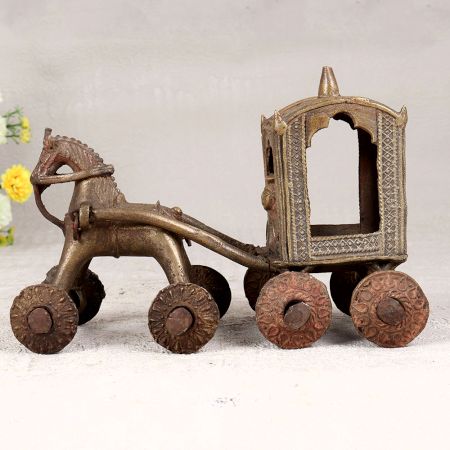 Tribal Art Finest Brass Horse Chariot Statue in Brown Finish