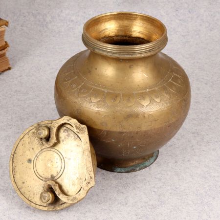 Engraved Handmade Brass Gangajali Pot in Vintage Finish