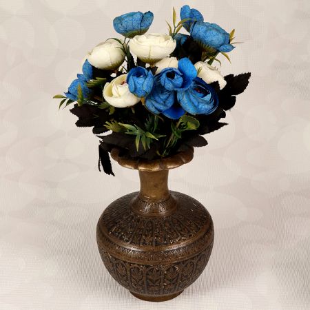 Vintage Brass Flower Pot with Black Enamel Carving