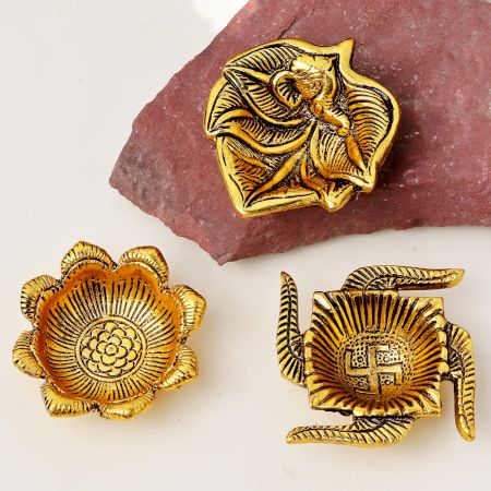 Designer Golden Aluminium Diwali Diya For Pooja Room Decoration Pack of 3