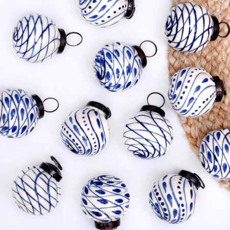 Blue and White Ceramic Balls Christmas Ornaments Set of 12
