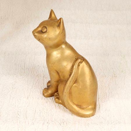 Handcrafted Vintage Brass Cat Statue in Brown Finish for Decor