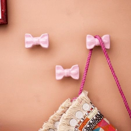 Pink Ceramic Bow Modern Wall Hook-Pack of 3