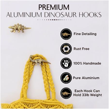 Modern Dinosaur Aluminium Golden Heavy Duty Wall Hooks-Pack of 3
