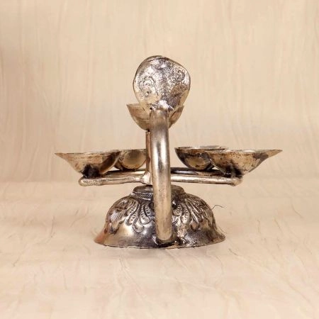 Silver Finish Brass Aarti Oil Lamp with Cobra Handle for Prayer Room