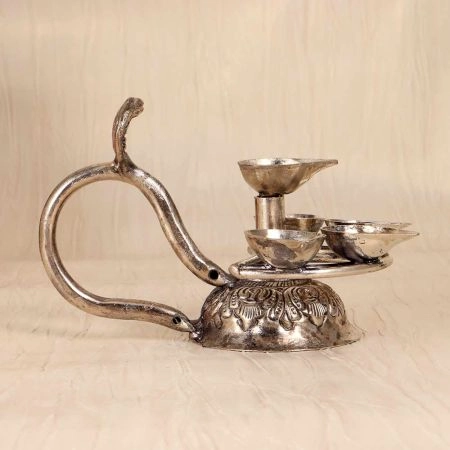 Silver Finish Brass Aarti Oil Lamp with Cobra Handle for Prayer Room