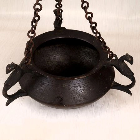Engraved Vintage Brass Hanging Pot with Chain for Flower Decor