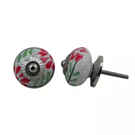 White Red Floral Crackle Ceramic Cabinet Knob