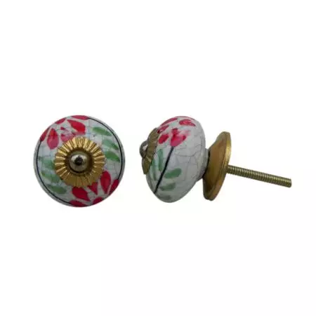 White Red Floral Crackle Ceramic Cabinet Knob