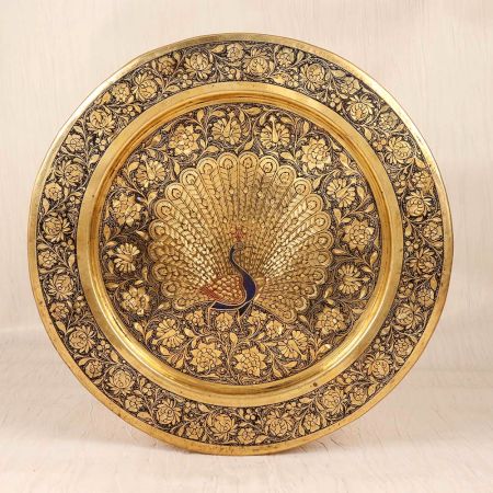 Brown and Blue Colour Brass Hanging Plate with Peacock Carving