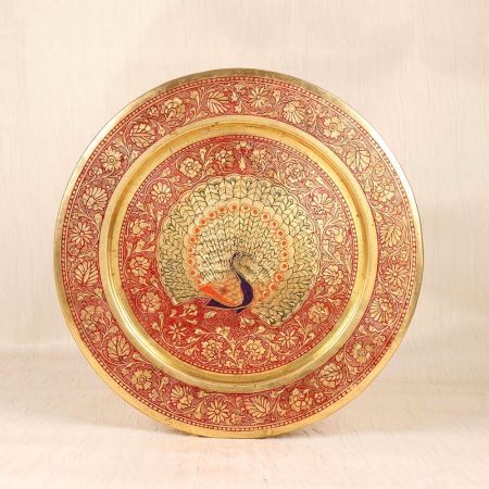 Handcrafted Premium Brass Red and Blue Hanging Plate for Decor