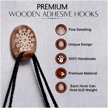 Brown White Wooden No Damage Wall Adhesive Hooks-Pack of 3
