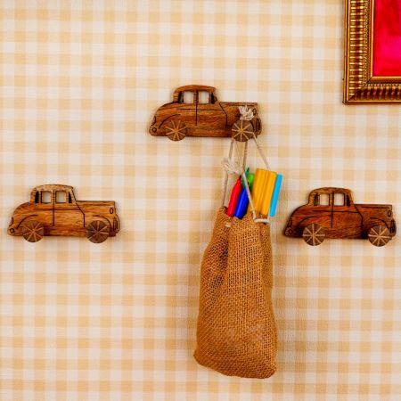 Natural Wooden Adhesive Car Design Wall Hooks-3 Pieces