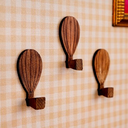 Wooden Adhesive Hot Air Balloon Shape Wall Hooks-3 Pieces