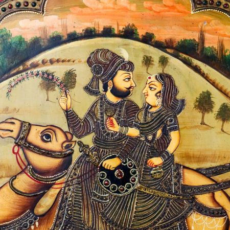 Adorning Camel with Riders Tanjore Art Painting in Antique Finish