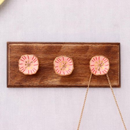 Pink Golden Flower Flat Ceramic Wooden Wall Hook