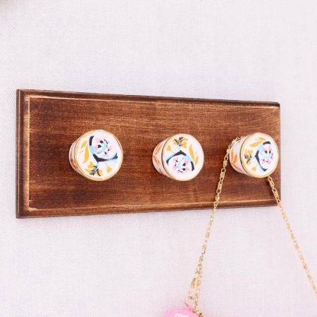 Pink Octagon Ceramic Floral Wooden Wall Hook