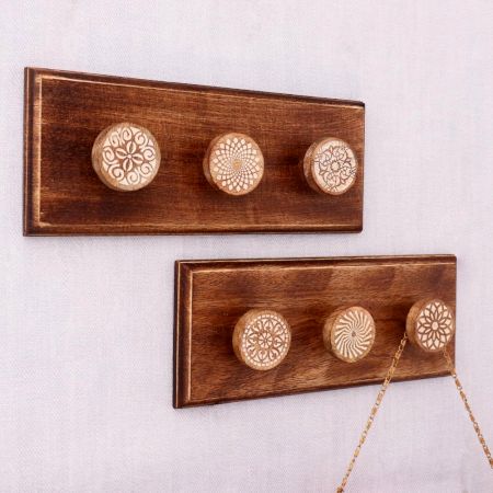 Brown White Modern Floral Wooden Wall Hooks-Pack of 2