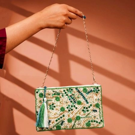 Green Floral Pattern Cotton and Beads Hand Bag