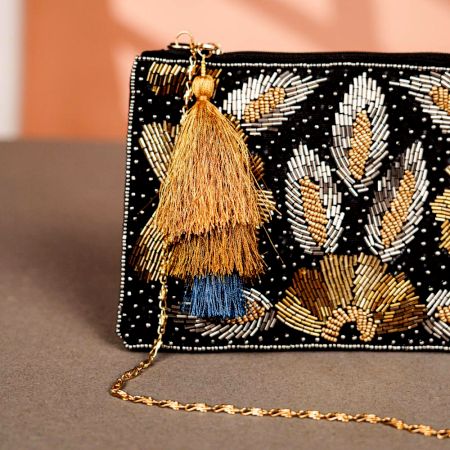 Black and Golden Cotton and Beads Hand Bag for Women