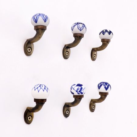 Blue Floral Ceramic Metal Wall Hooks With Antique Finish-Pack of 6