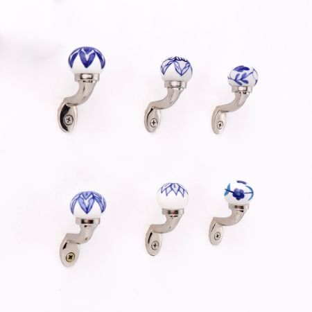 Blue Floral Ceramic Metal Wall Hooks With Silver Finish-Pack of 6