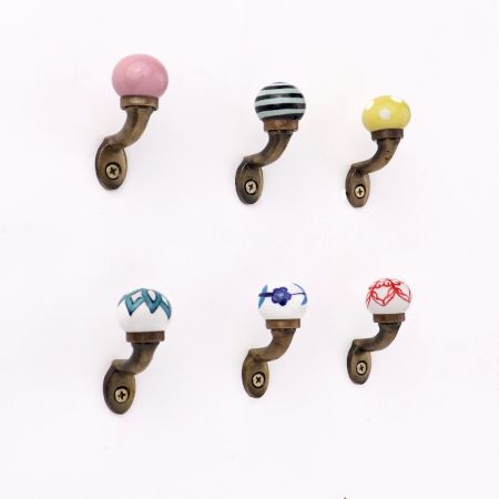 Multicolor Ceramic Metal Wall Hooks With Antique Finish-Pack of 6