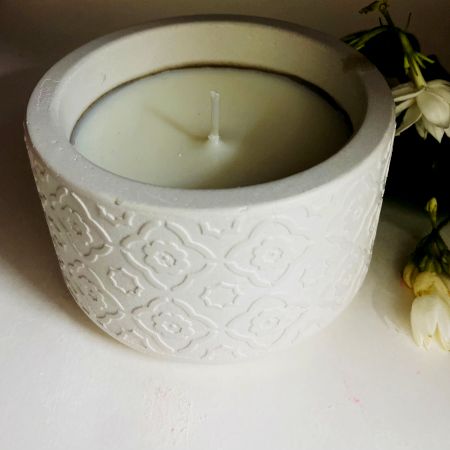 White Cemented Candle Holder with Candle for Home Decor