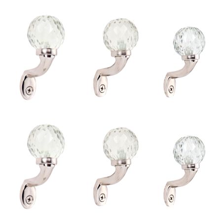 Round Diamond Cut Glass Metal Wall Hooks With Silver Finish-Pack of 6