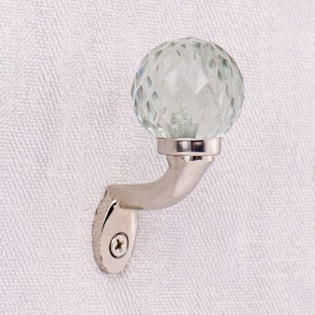 Round Diamond Cut Glass Metal Wall Hooks With Silver Finish-Pack of 6