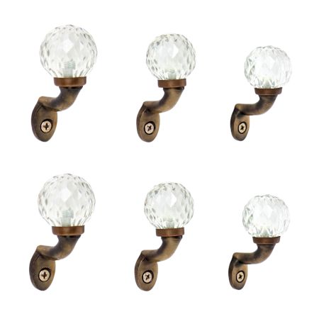 Round Diamond Cut Glass Metal Wall Hooks With Antique Finish-Pack of 6