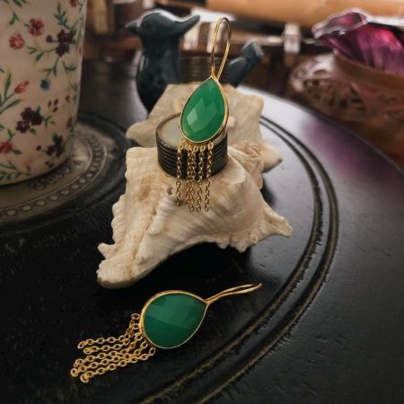 Green onyx Fringe earring, Brass 18k gold plated Wholesale jewelry