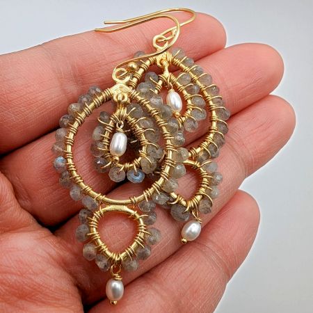 Labradorite & Pearl dangle Earring, Gemstone Brass jewelry, 22k gold plated