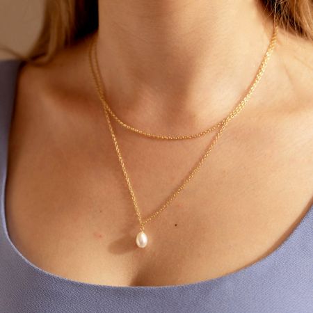 Pearl Drop necklace, Two Layer Chain necklace, Brass 22k gold plated, Handmade jewelry