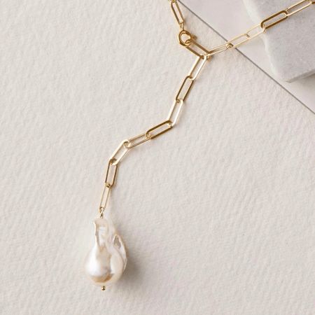 Baroque Pearl Y Drop necklace, Brass 22k gold plated Paperclip chain, Hadmade jewelry