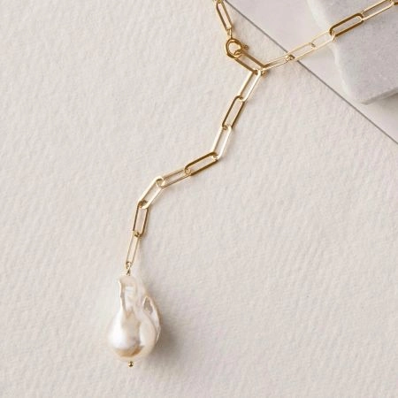 Baroque Pearl Y Drop necklace, Brass 22k gold plated Paperclip chain, Hadmade jewelry