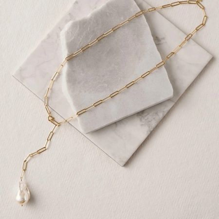Baroque Pearl Y Drop necklace, Brass 22k gold plated Paperclip chain, Hadmade jewelry