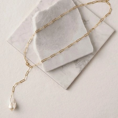 Baroque Pearl Y Drop necklace, Brass 22k gold plated Paperclip chain, Hadmade jewelry