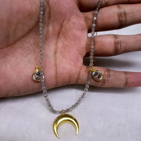 Crescent Moon charm Necklace with Labradorite & Cz stone, Brass handmade jewelry