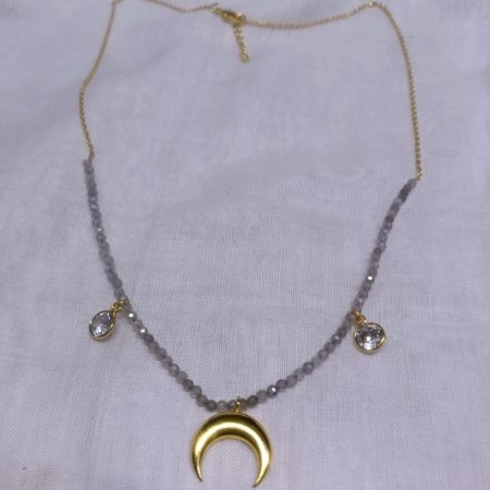Crescent Moon charm Necklace with Labradorite & Cz stone, Brass handmade jewelry