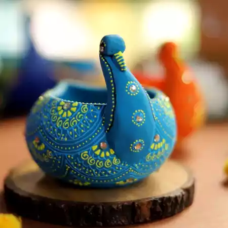Washable Terracotta Modern Swan Diya Tealight T-Light Holder - Blue